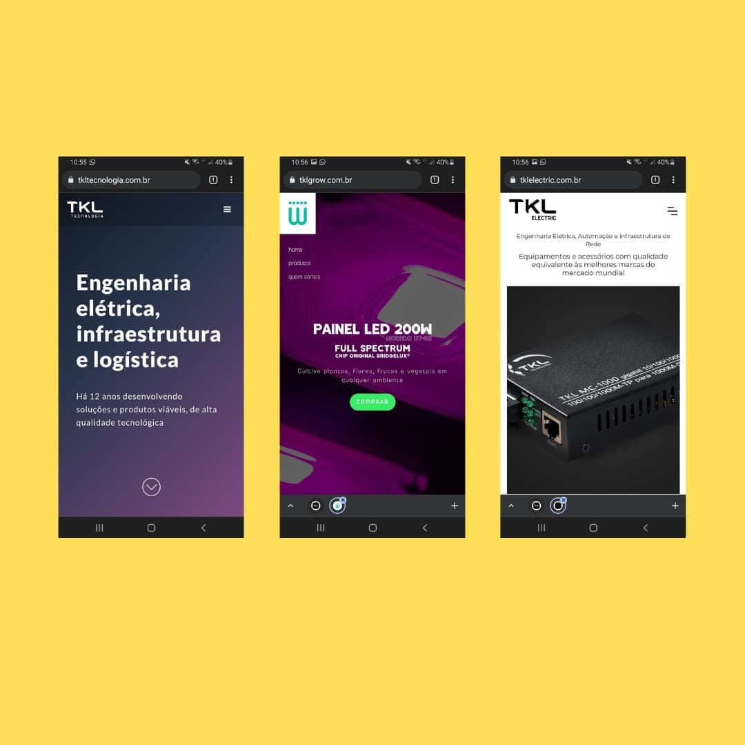Sites TKL Tecnologia, TKL Grow e TKL Electric em telas de celular
